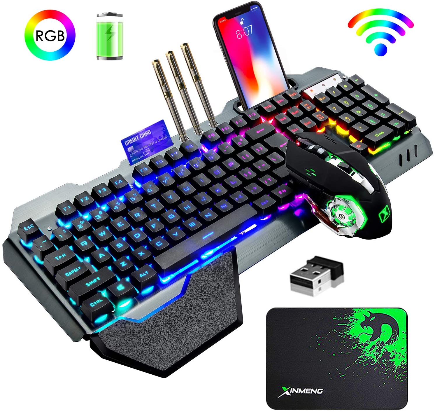 Gaming Keyboard Ergonomics - K680ワイヤレスゲーミングキーボードとマウスの組み合わせ、レインボーLEDバックライト付きキーボード、充電式3800mAhバッテリー、金属パネル