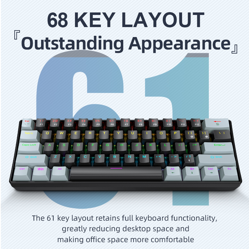 Gaming Keyboard Thocky - APAYADO K61 ミニメカニカルキーボード、有線、61 キー、ファントム RGB、ブラック/ホワイトレッド/ブルーメカニカルスイッチゲーム用、60% ポータブル