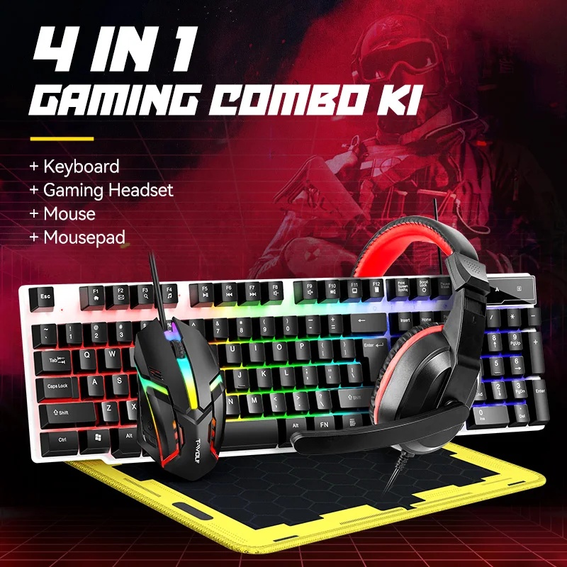 Gaming Keyboard Extension - 新しいUSBキーボードとマウスのゲーミングヘッドセットコンボ 4 in 1 英語ゲーミング有線キーボードマウスセット（マウスパッドとヘッドホン付き）