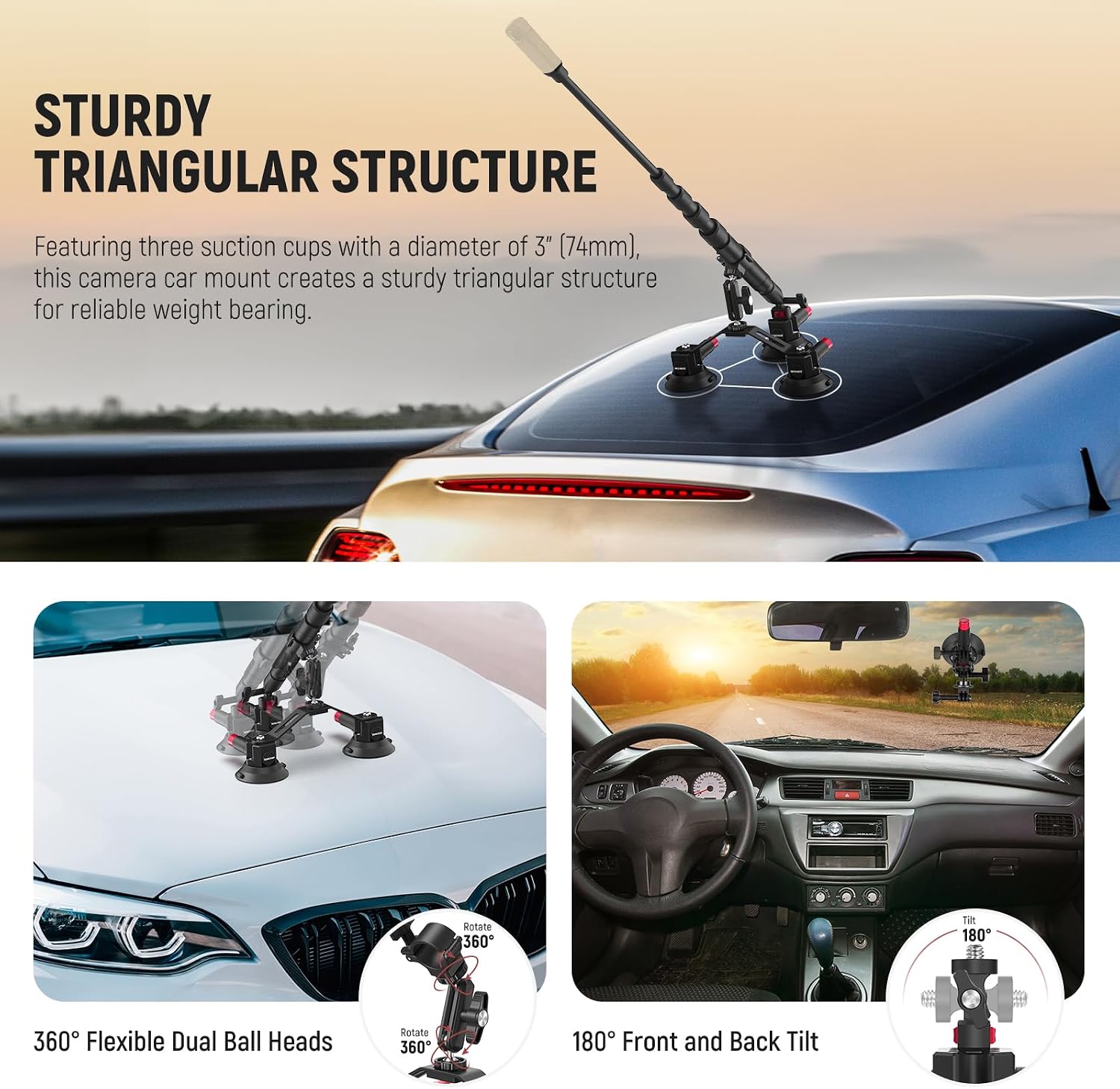 NEEWER トリプル吸盤式車載マウント Insta360  - Stabilizer Screw In のレビューと価格